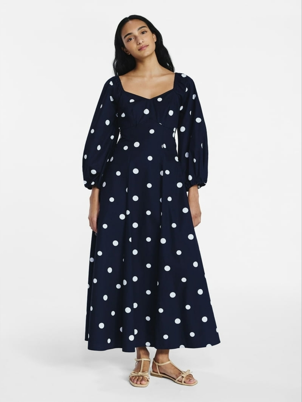 Women’s Navy Polka Dot Maxi Dress with Sweetheart Neckline